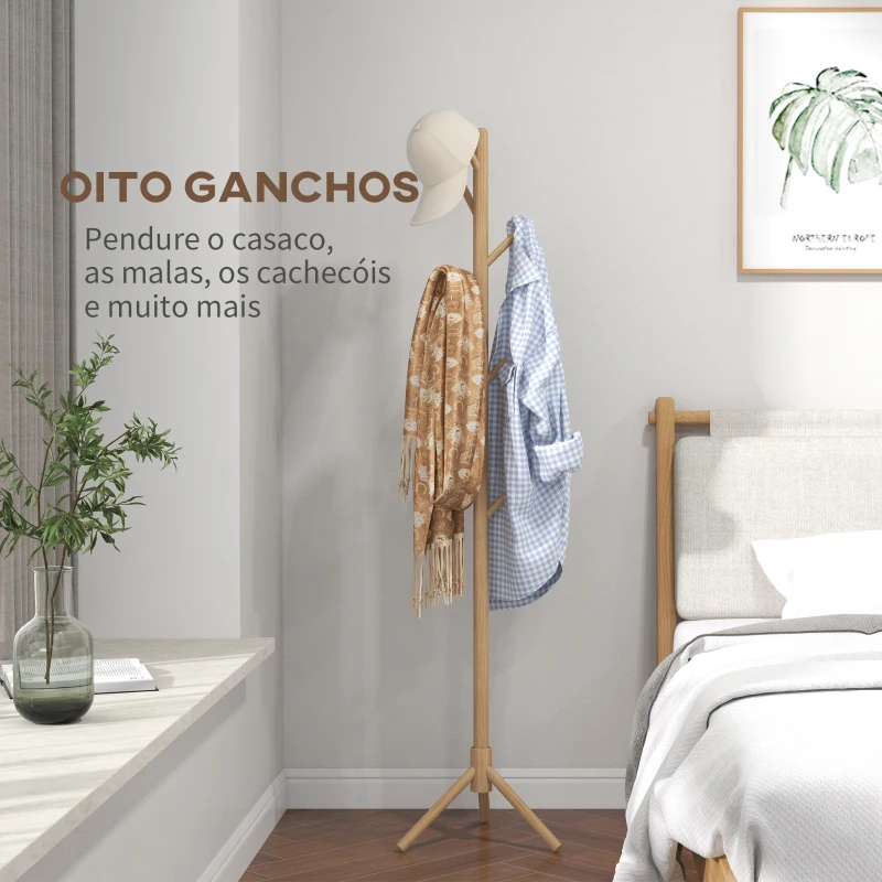 HOMCOM Cabide de Pé de Madeira com 8 Ganchos para Pendurar Roupa e Bolsas Forma de Árvore para Corredor Entrada 40x40x165 cm Natural