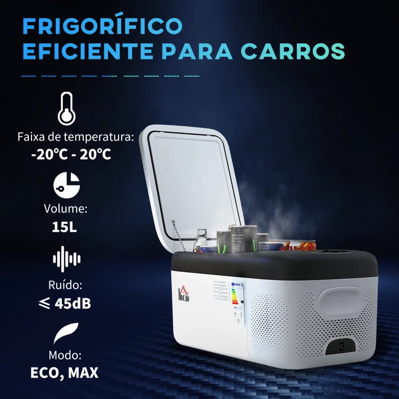 HOMCOM Geleira Elétrica de Compressor Portátil 15L para Carro -20℃ a 20℃ 12 / 24V CC e 100-240V CA 56,8x33x26,2 cm Branco