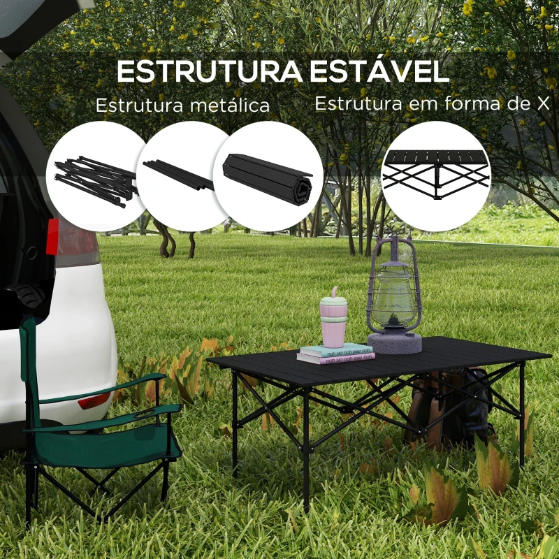 Outsunny Mesa de Campismo Dobrável de Metal com Tampo Enrolável e Bolsa de Transporte Mesa de Piquenique Portátil 95x55x50 cm Preto