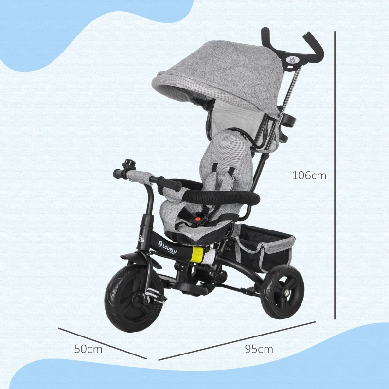 HOMCOM Triciclo Evolutivo para Bebés de +12 Meses 2 em 1 com Toldo Dobrável Guiador Cinto de Segurança e Cesto 95x50x106 cm Cinza