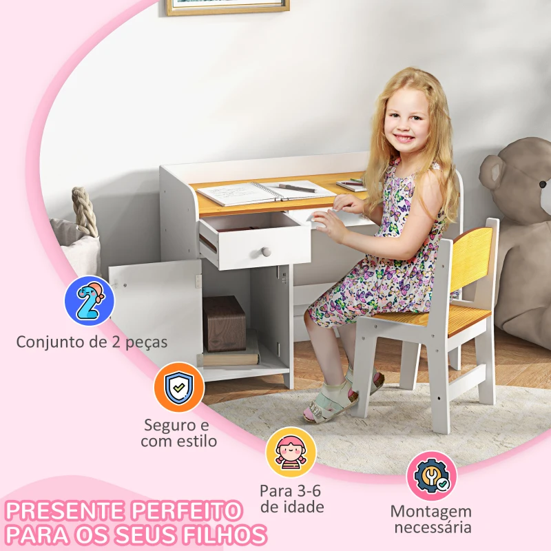 ZONEKIZ Conjunto de Secretária e Cadeira para Crianças Conjunto Infantil de 2 Peças com Gaveta e Armário para Quarto Branco e Natural