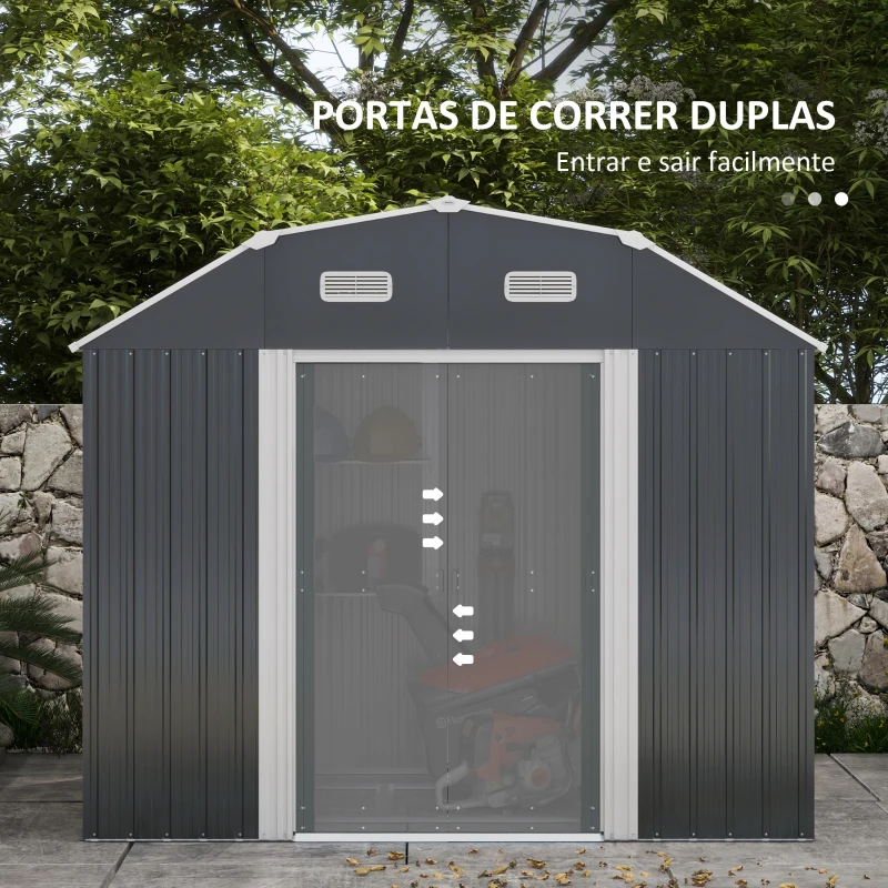 Outsunny Abrigo de Jardim 2,7 m² 238x132x198,5 cm com Base Prateleiras Ajustáveis 2 Portas e 2 Janelas de Ventilação Cinza Escuro