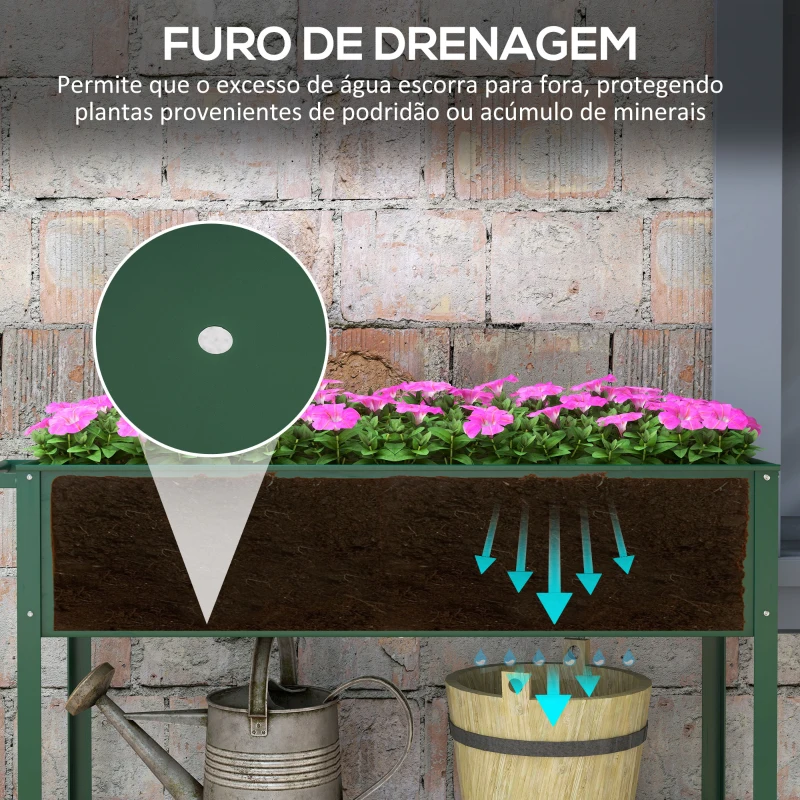Outsunny Horta Vertical Elevada de Metal Horta Vertical com Rodas Alça Lateral e Prateleira Inferior para Cultivo 109x44x80 cm Verde