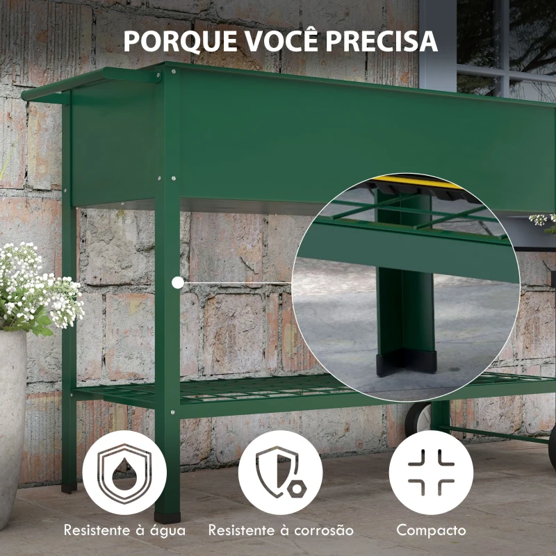 Outsunny Horta Vertical Elevada de Metal Horta Vertical com Rodas Alça Lateral e Prateleira Inferior para Cultivo 109x44x80 cm Verde