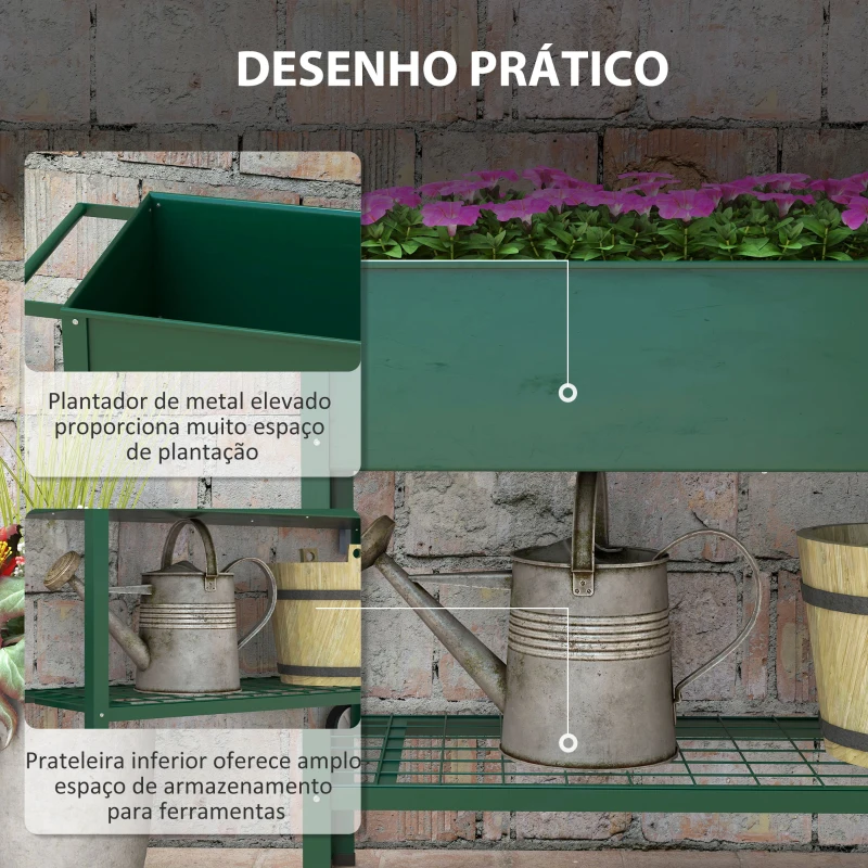 Outsunny Horta Vertical Elevada de Metal Horta Vertical com Rodas Alça Lateral e Prateleira Inferior para Cultivo 109x44x80 cm Verde
