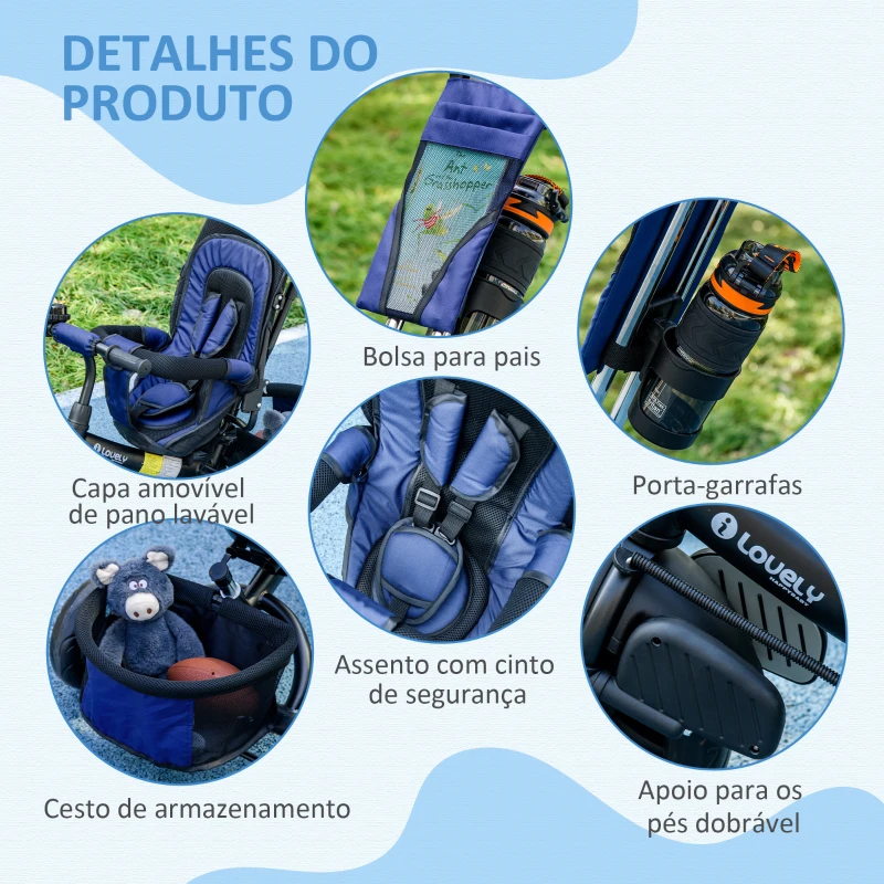 HOMCOM Triciclo para Bebés 2 em 1 de +12 Meses com Capota Dobrável Guiador Telescópico e Removível Bolsa e Porta-garrafas Azul Marrinho