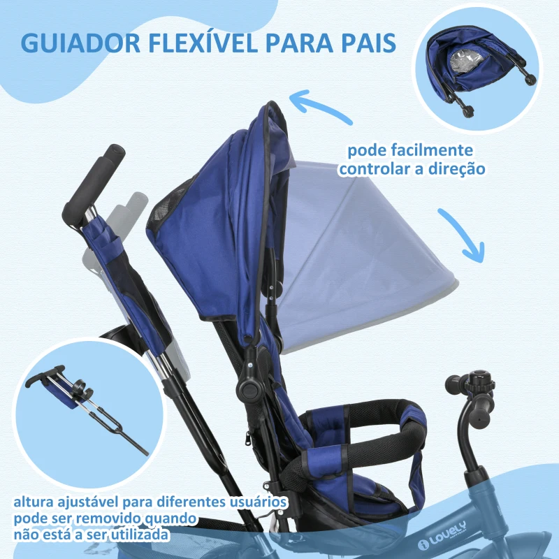 HOMCOM Triciclo para Bebés 2 em 1 de +12 Meses com Capota Dobrável Guiador Telescópico e Removível Bolsa e Porta-garrafas Azul Marrinho