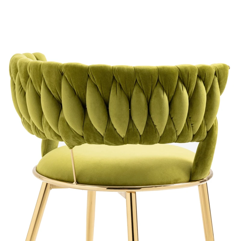 Ensemble de 2 chaises de salle à manger en tissu velours doux, style moderne avec dossier tressé et accoudoirs, Vert