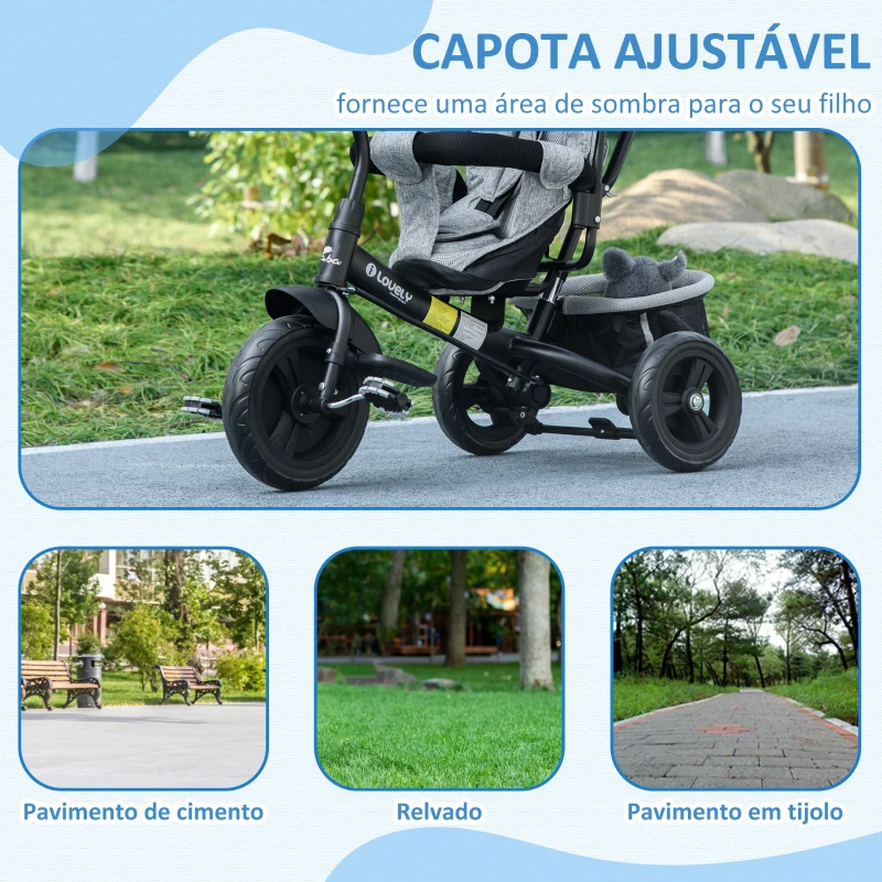 HOMCOM Triciclo para Bebés 2 em 1 de +12 Meses com Capota Dobrável Guiador Telescópico e Removível Bolsa e Porta-garrafas Cinza
