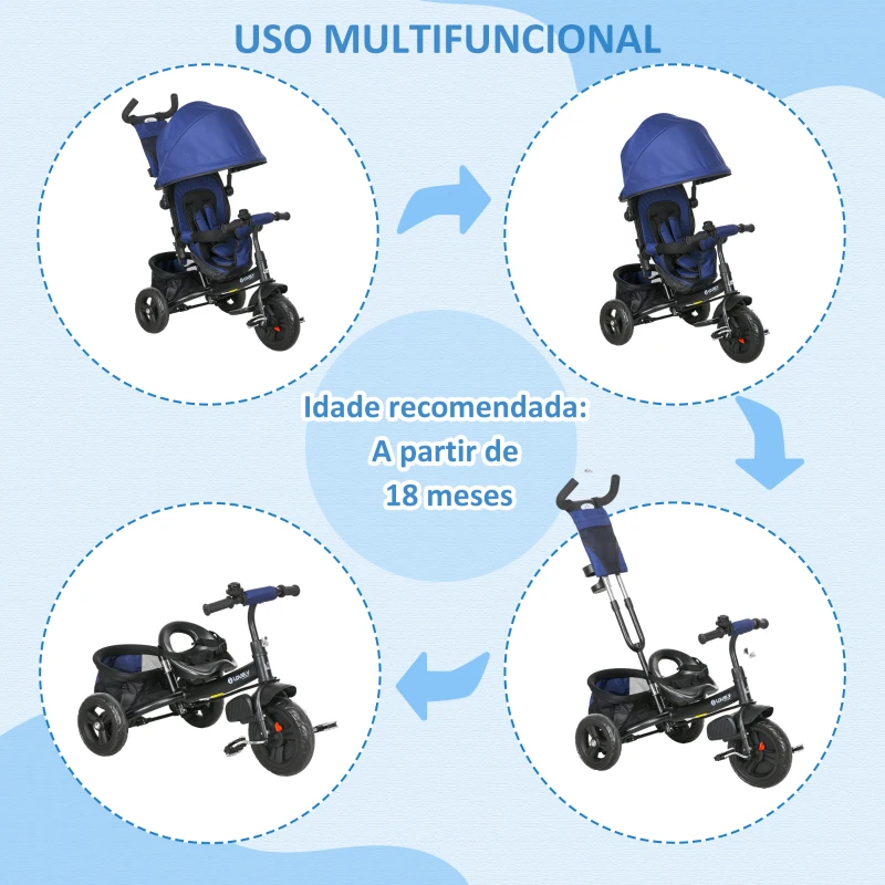 HOMCOM Triciclo para Bebés 2 em 1 de +12 Meses com Capota Dobrável Guiador Telescópico e Removível Bolsa e Porta-garrafas Azul Marrinho