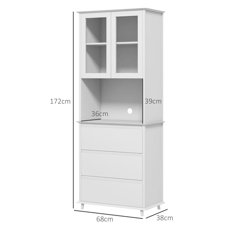 Homcom Bufet Mobilier Bucatarie cu Usi de Sticla si 3 Sertare 68x38x172 cm – Alb(m-3)