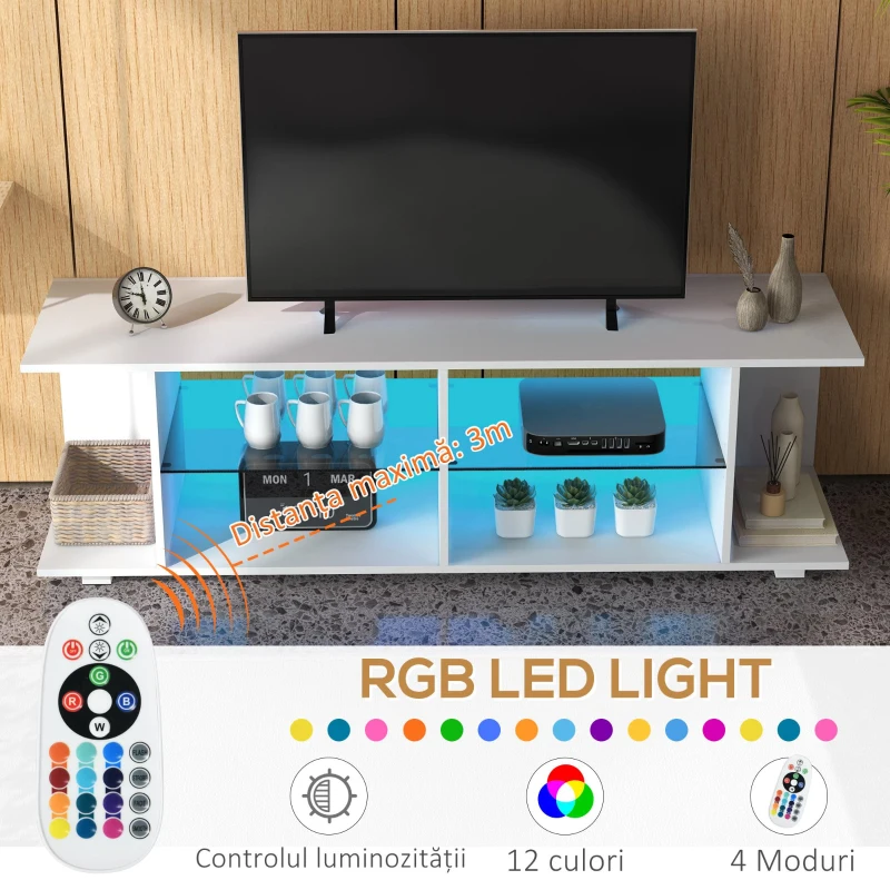 HOMCOM TV Stand, 145cm Modern TV Unit with Glass Shelves, RGB LED Light for 32 40 43 50 52 55 60 inch 4k TV, White