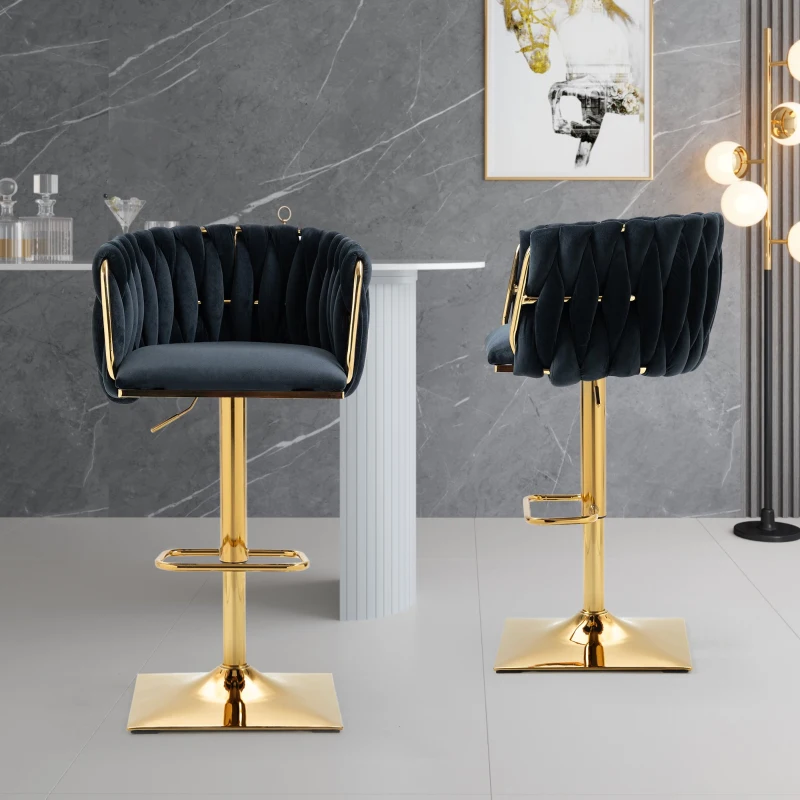 2 Tabourets de bar style art déco avec dossier et repose-pieds, chaise haute hauteur d'assise réglable pivotant 360°, noir