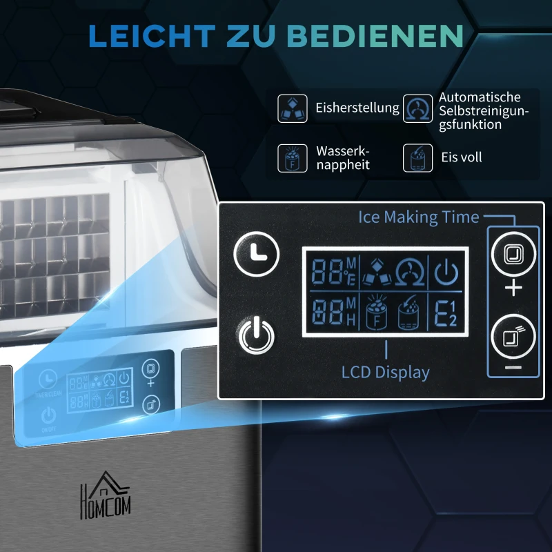 HOMCOM Maszyna do lodu 20 kg/24h 2,3 L zbiornik na lód z 3,2 L zbiornikiem na wodę Wyświetlacz Maszyna do kostek lodu - Automatyczny czarny czyszczenie 25,2 x 36 x 37,1 cm
