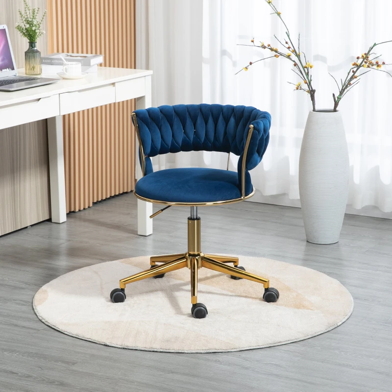 Fauteuil de relaxation design en velours pivotante à 360° avec hauteur réglable, pied doré, Bleu