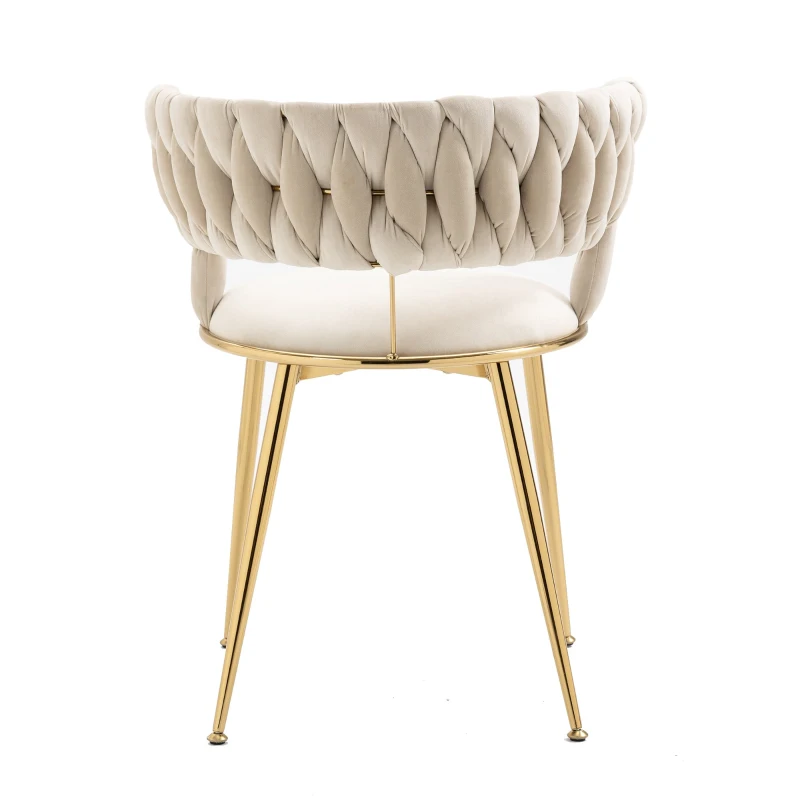 Ensemble de 2 chaises de salle à manger en velours, avec un dossier tressé et des pieds en métal,  pour le salon, la salle à manger, la cuisine, Blanc