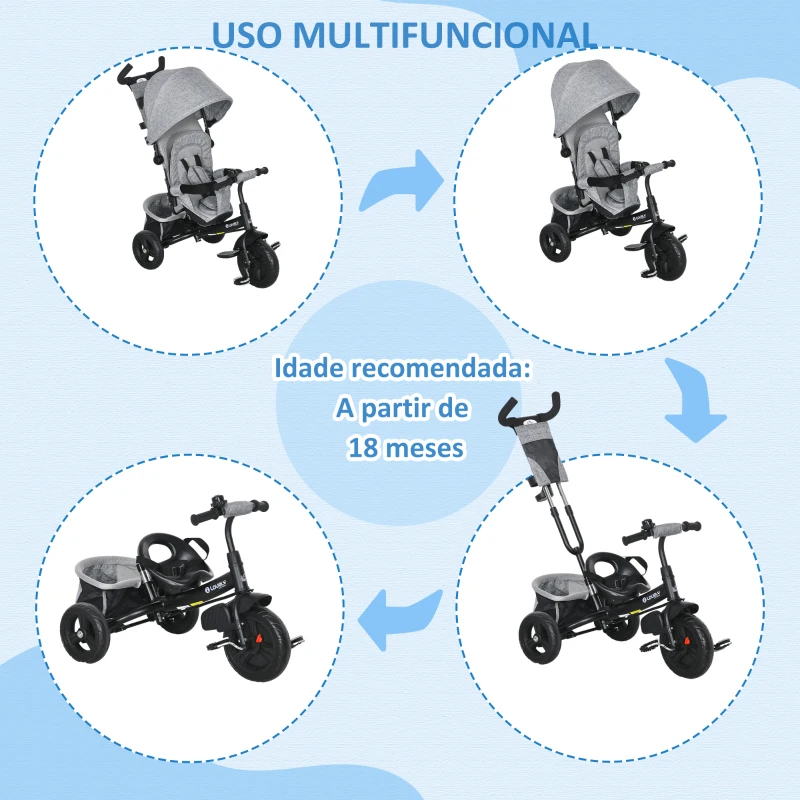 HOMCOM Triciclo para Bebés 2 em 1 de +12 Meses com Capota Dobrável Guiador Telescópico e Removível Bolsa e Porta-garrafas Cinza