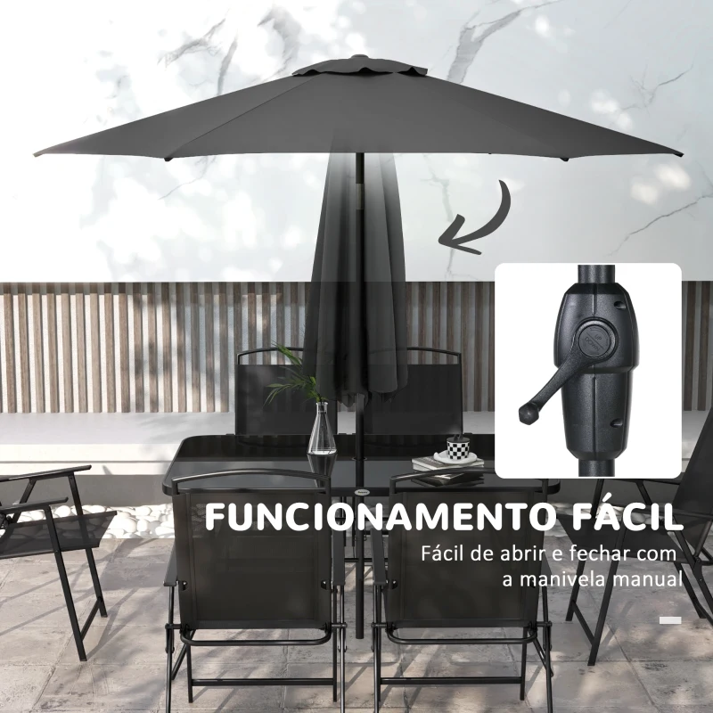 Outsunny Conjunto de Jardim Refeição de 8 Peças com 6 Cadeiras Dobráveis Mesa e Chapéu de Sol Inclinável Preto