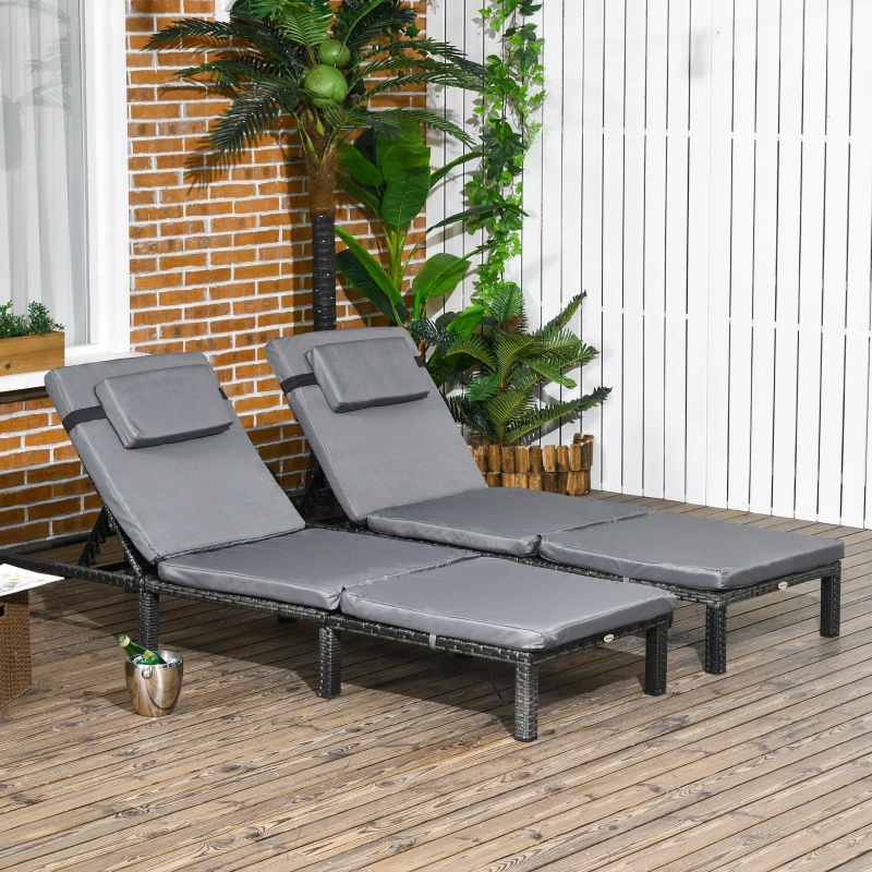 Outsunny Set of Two Reclining Rattan Sun Loungers, with Cushions - Grey