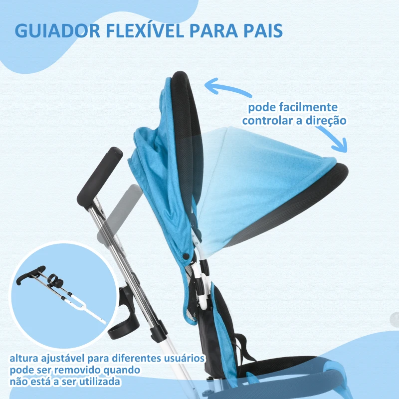 HOMCOM Triciclo Evolutivo para Bebés de +12 Meses 2 em 1 com Toldo Dobrável Guiador Cinto de Segurança e Cesto 95x50x106 cm Azul