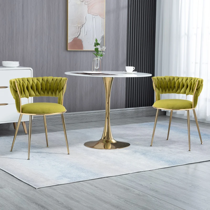 Ensemble de 2 chaises de salle à manger en tissu velours doux, style moderne avec dossier tressé et accoudoirs, Vert