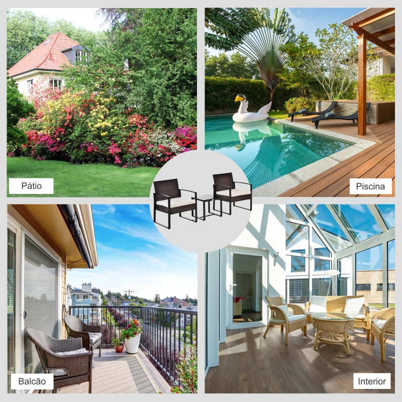 Outsunny Conjunto de Móveis de Jardim de Vime 3 Peças com 1 Mesa 42,5x40x39 cm 2 Poltronas 63x57x76 cm Almofada Acolchoada para Pátio Varanda Marrom