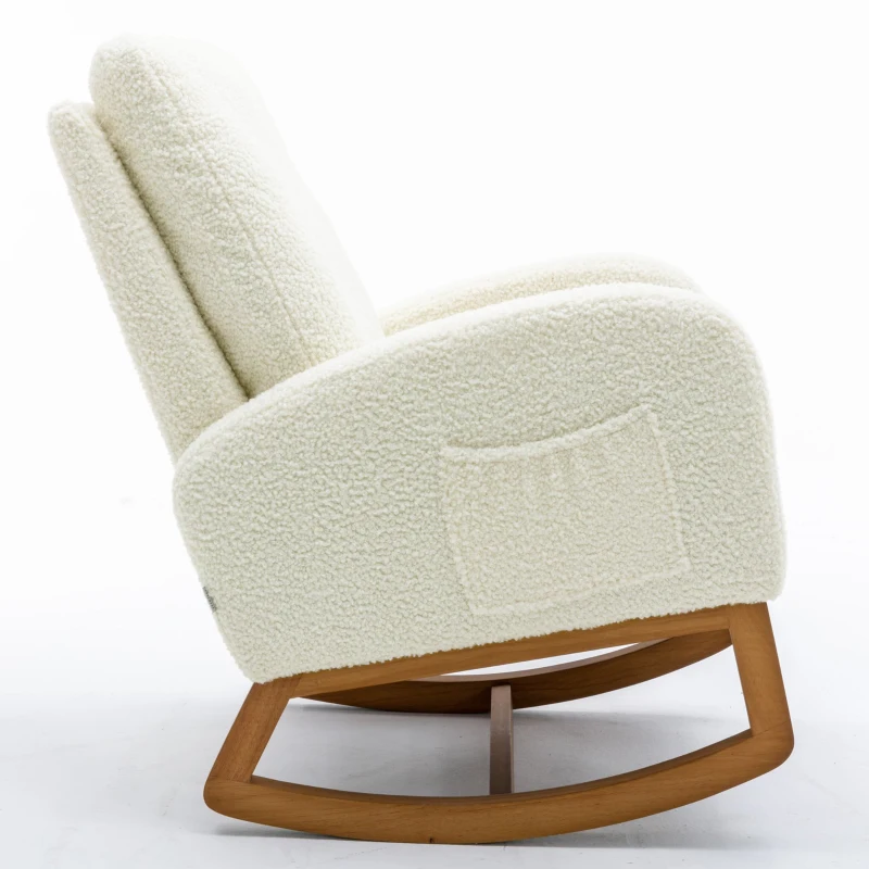 Poltrona a Dondolo Moderna Mid-Century per Cameretta e Soggiorno, Schienale Alto Imbottito, Bianco