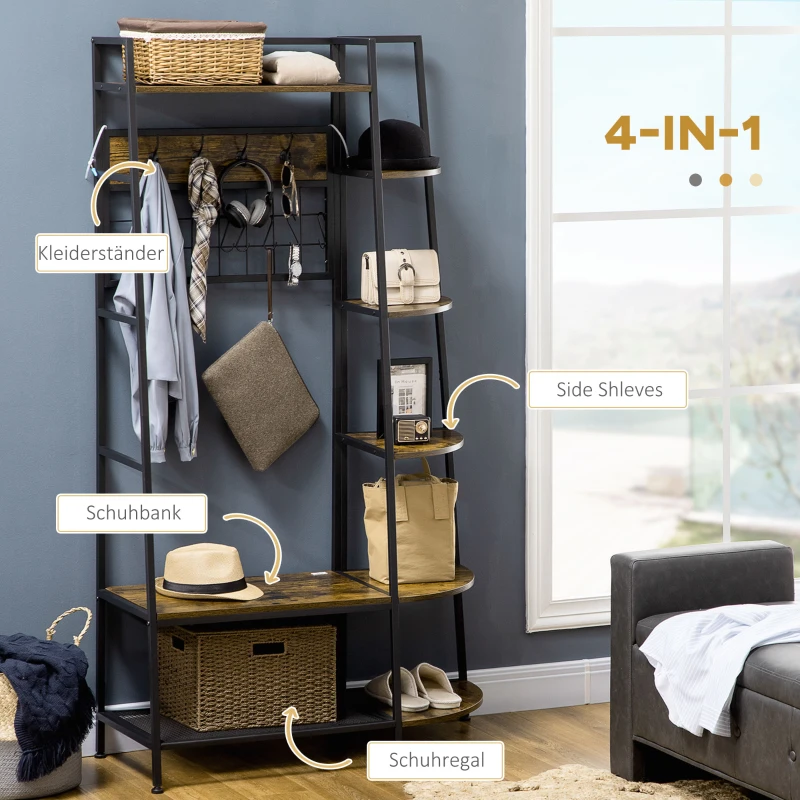HOMCOM 4-w-1 Garderoba w stylu industrialnym, Ławka na buty, 5 półek, Półka na buty, Haczyki, 104 cm x 40 cm x 183 cm