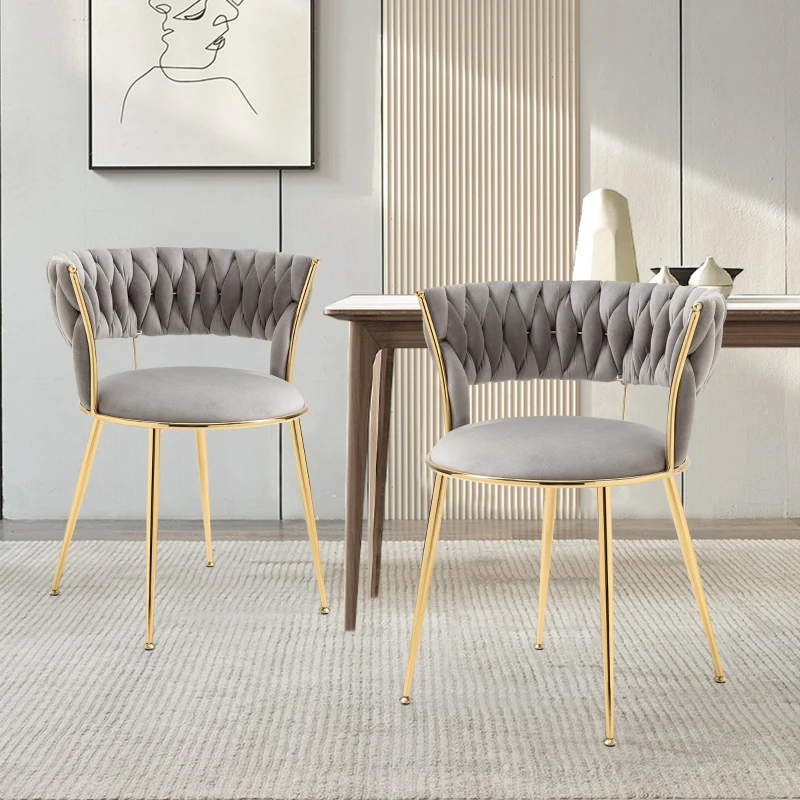 Juego de 2 Sillas de Comedor en Terciopelo Estilo Moderno con Respaldo Trenzado y Brazos Gris