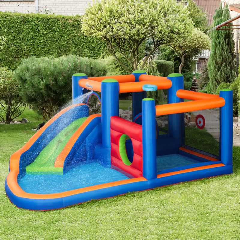 Outsunny Zamek Bawialnia z Zjeżdżalnią, Strefą do Skakania, Basenem, nadmuchiwany, z Elektropompą na 3 Dzieci, 380 x 340 x 170 cm