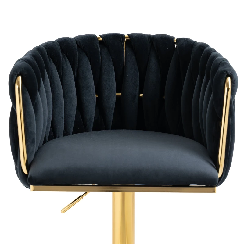 2 Tabourets de bar style art déco avec dossier et repose-pieds, chaise haute hauteur d'assise réglable pivotant 360°, noir