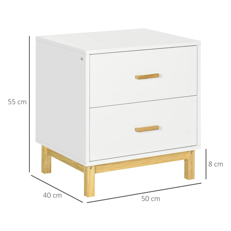 HOMCOM Stolik nocny, szafka nocna, 2 szuflady, 50 cm x 40 cm x 55 cm, Biały + Naturalny