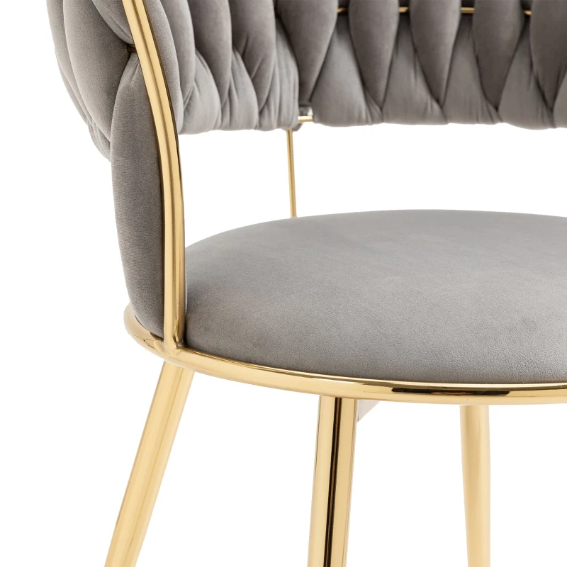 Juego de 2 Sillas de Comedor en Terciopelo Estilo Moderno con Respaldo Trenzado y Brazos Gris