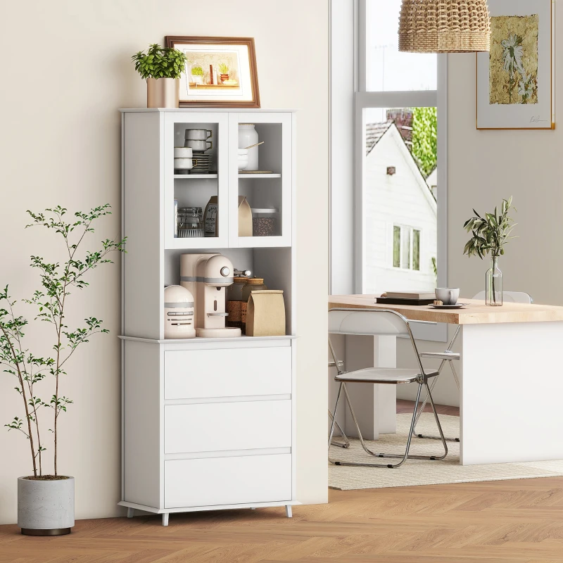 Homcom Bufet Mobilier Bucatarie cu Usi de Sticla si 3 Sertare 68x38x172 cm – Alb(m-8)