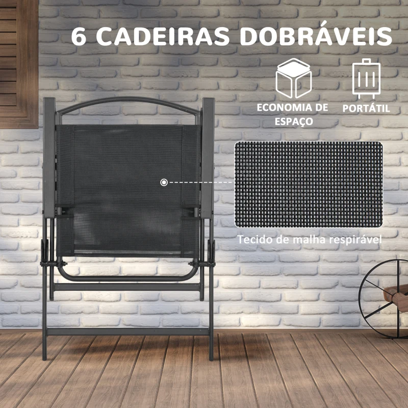 Outsunny Conjunto de Jardim Refeição de 8 Peças com 6 Cadeiras Dobráveis Mesa e Chapéu de Sol Inclinável Preto