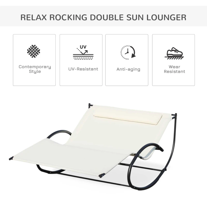 Outsunny Double Sun Lounger - Rocking Sunbed Daybed with Armrest and Headrest Pillow for Two, for Outdoor Patio Garden, Cream White