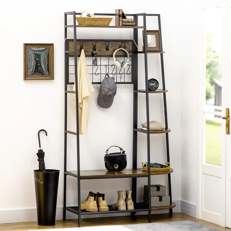 HOMCOM 4-w-1 Garderoba w stylu industrialnym, Ławka na buty, 5 półek, Półka na buty, Haczyki, 104 cm x 40 cm x 183 cm