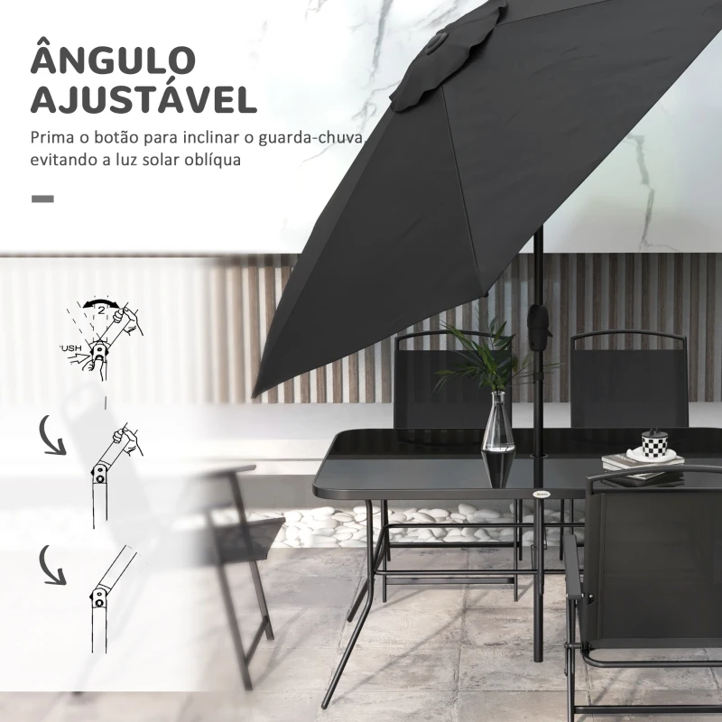 Outsunny Conjunto de Jardim Refeição de 8 Peças com 6 Cadeiras Dobráveis Mesa e Chapéu de Sol Inclinável Preto