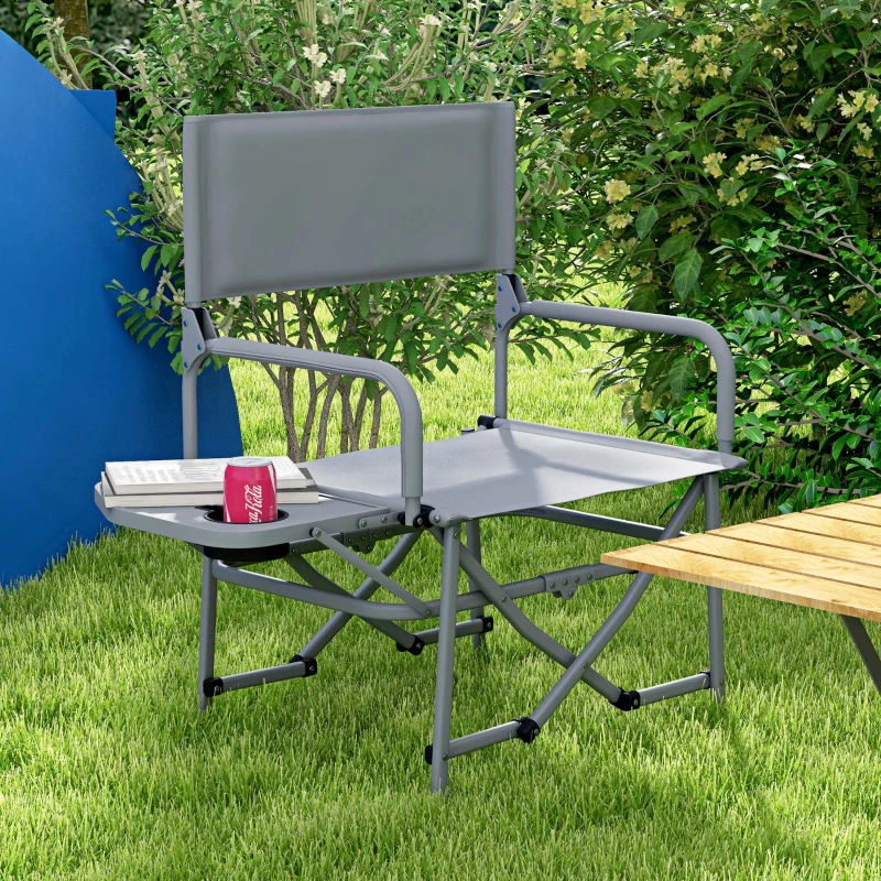 Outsunny Folding Directors Camping Chair, with Side Table - Grey