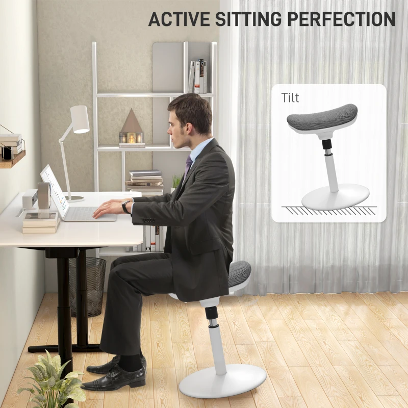 HOMCOM Scaun Oscilant fără Spate, Scaun de Birou Reglabil, Ergonomic, cu Mișcare de Balansare, 41.5x41.5x51.5-71.5 cm, Gri
