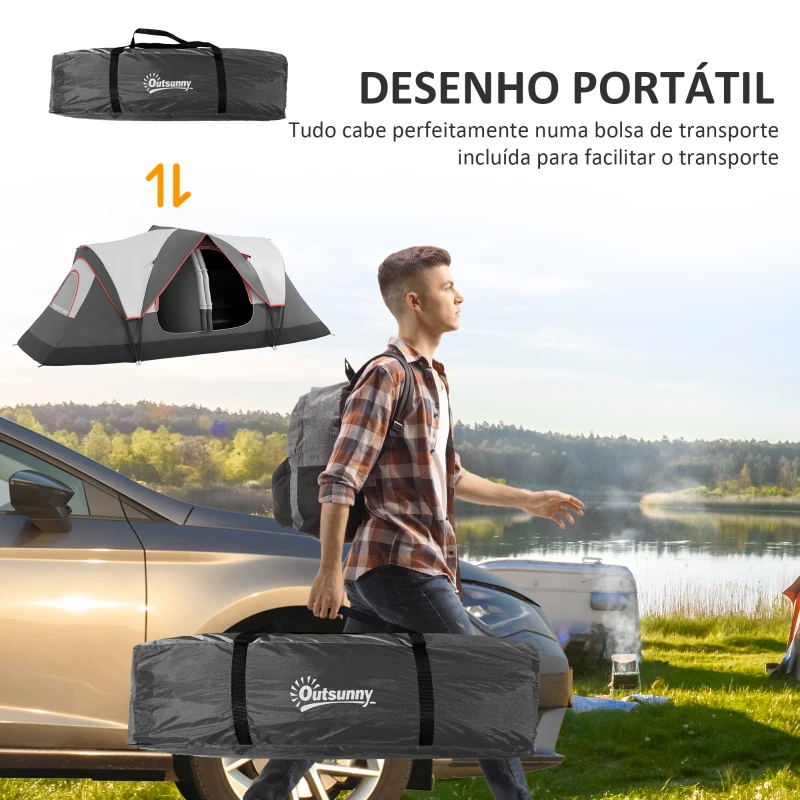 Outsunny Tenda de Campismo Familiar para 4-5 Pessoas Dobrável com 2 Quartos e Bolsa de Transporte Impermeável 450x215x180 cm Cinza