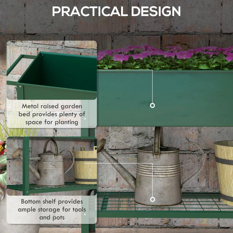 Outsunny Jardinieră Exterioară cu Raft Inferior pentru Unelte, Jardinieră Metalică cu 2 Roți și Mâner, 109x44x80 cm, Verde
