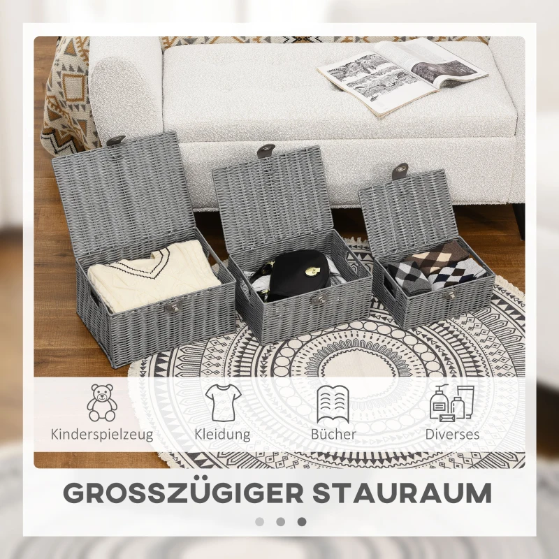 HOMCOM 3 sztuki Kosze do przechowywania z PE-Rattanu, z zapięciem, uchwytami do przenoszenia, 35,5 cm x 28,5 cm x 18 cm, Szary