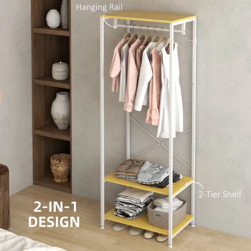 HOMCOM Suport 2 în 1 pentru Haine cu Depozitare Pantofi, Șină Suspendată și 2 Rafturi de Depozitare, 60x40x167.5 cm, Natural