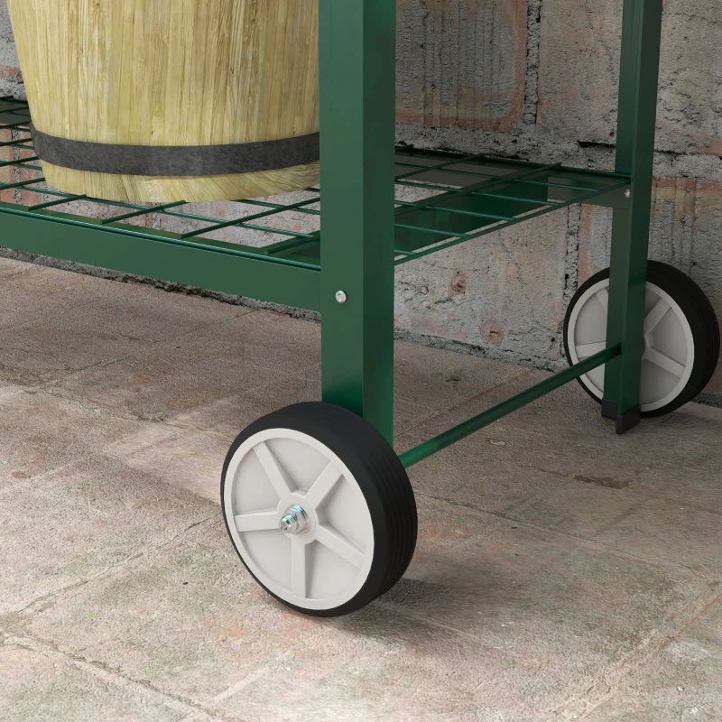 Outsunny Jardinieră Exterioară cu Raft Inferior pentru Unelte, Jardinieră Metalică cu 2 Roți și Mâner, 109x44x80 cm, Verde