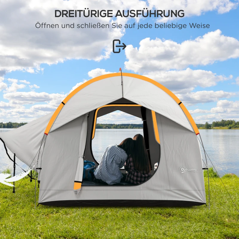 Outsunny Auto Tent Kampeertent, 3 deuren, weerbestendig, 239cm x 210cm x 210cm, Oranje + Grijs