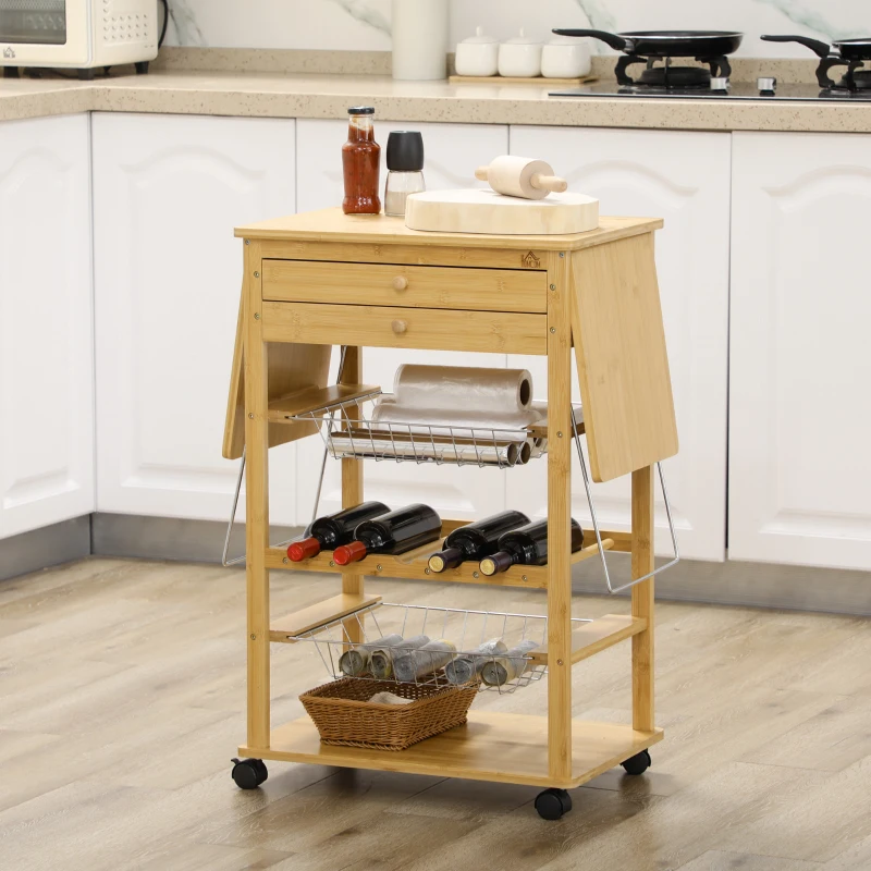 HOMCOM Küchenwagen mit 2 Aufbewahrungskörben, 2 Schubladen, ausziehbarer Tischplatte, 4 Rollen, Bambus, Gemüsehorde Natur