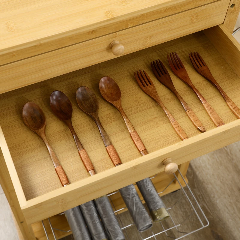 HOMCOM Küchenwagen mit 2 Aufbewahrungskörben, 2 Schubladen, ausziehbarer Tischplatte, 4 Rollen, Bambus, Gemüsehorde Natur