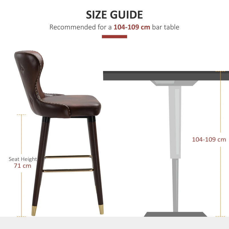 HOMCOM Bar Stools Set of 2, PU Leather Upholstered Breakfast Bar Chairs with 71cm Seat Height, Retro Kitchen Stools with Wingbacks, Nailhead Trim and Footrest, Brown