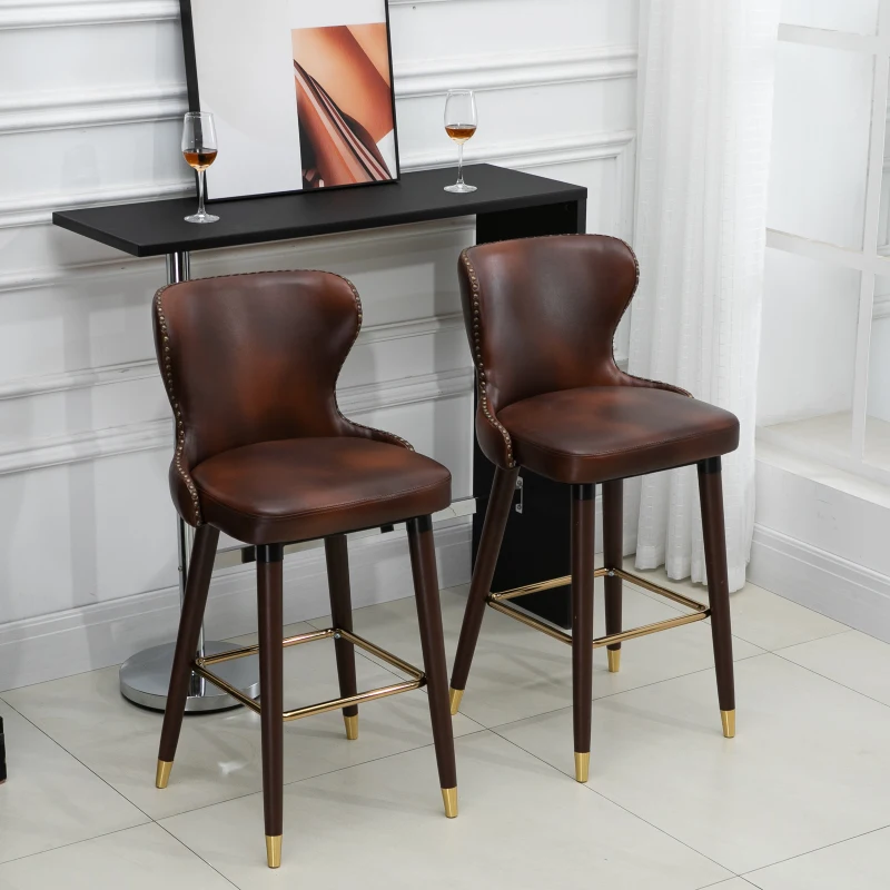 HOMCOM Bar Stools Set of 2, PU Leather Upholstered Breakfast Bar Chairs with 71cm Seat Height, Retro Kitchen Stools with Wingbacks, Nailhead Trim and Footrest, Brown